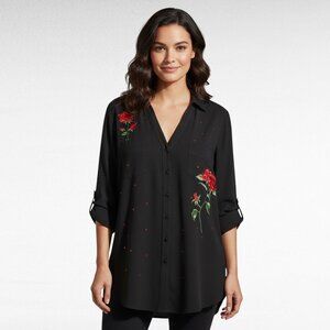 Venini Black Floral Embroidered Long Sleeve Shirt Rose Button Down Blouse Top XL